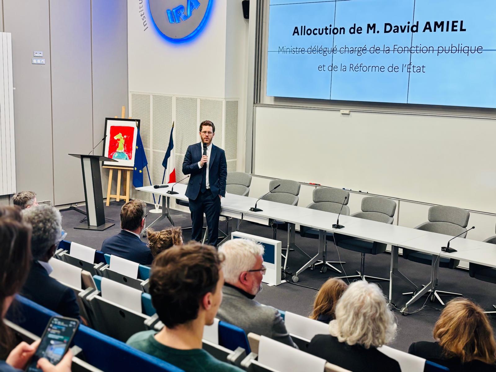 David Amiel, ministre délégué chargé de la Fonction publique, lors d’une prise de parole