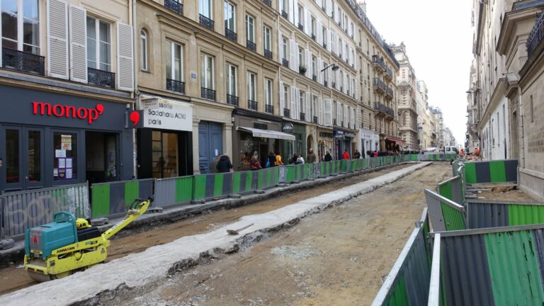 Travaux de voirie devant des commerces, rue de Vaugirard à Paris