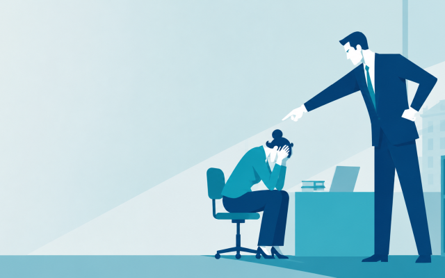 Illustration d’une situation de harcèlement moral au travail : un supérieur pointe du doigt une agente assise à son bureau, la tête dans les mains